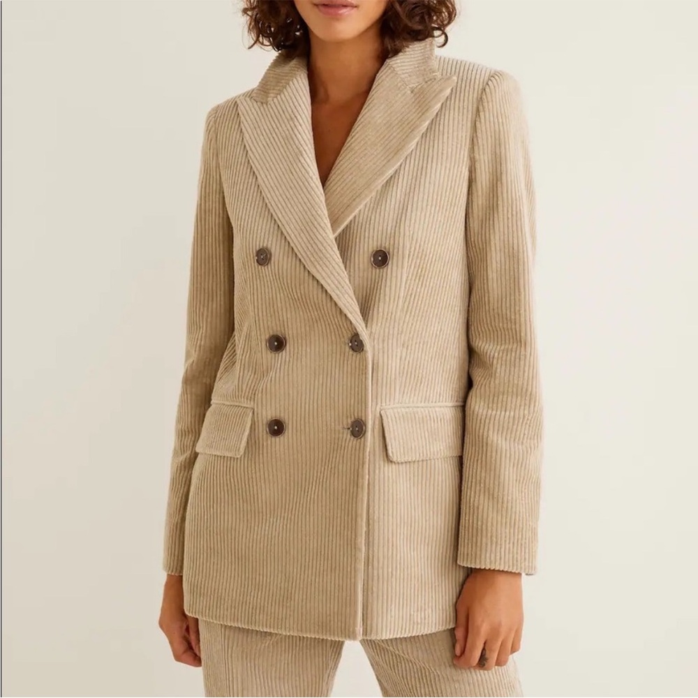 Mango MNG Structured Tan Brown Double Breasted Corduroy Blazer size 2